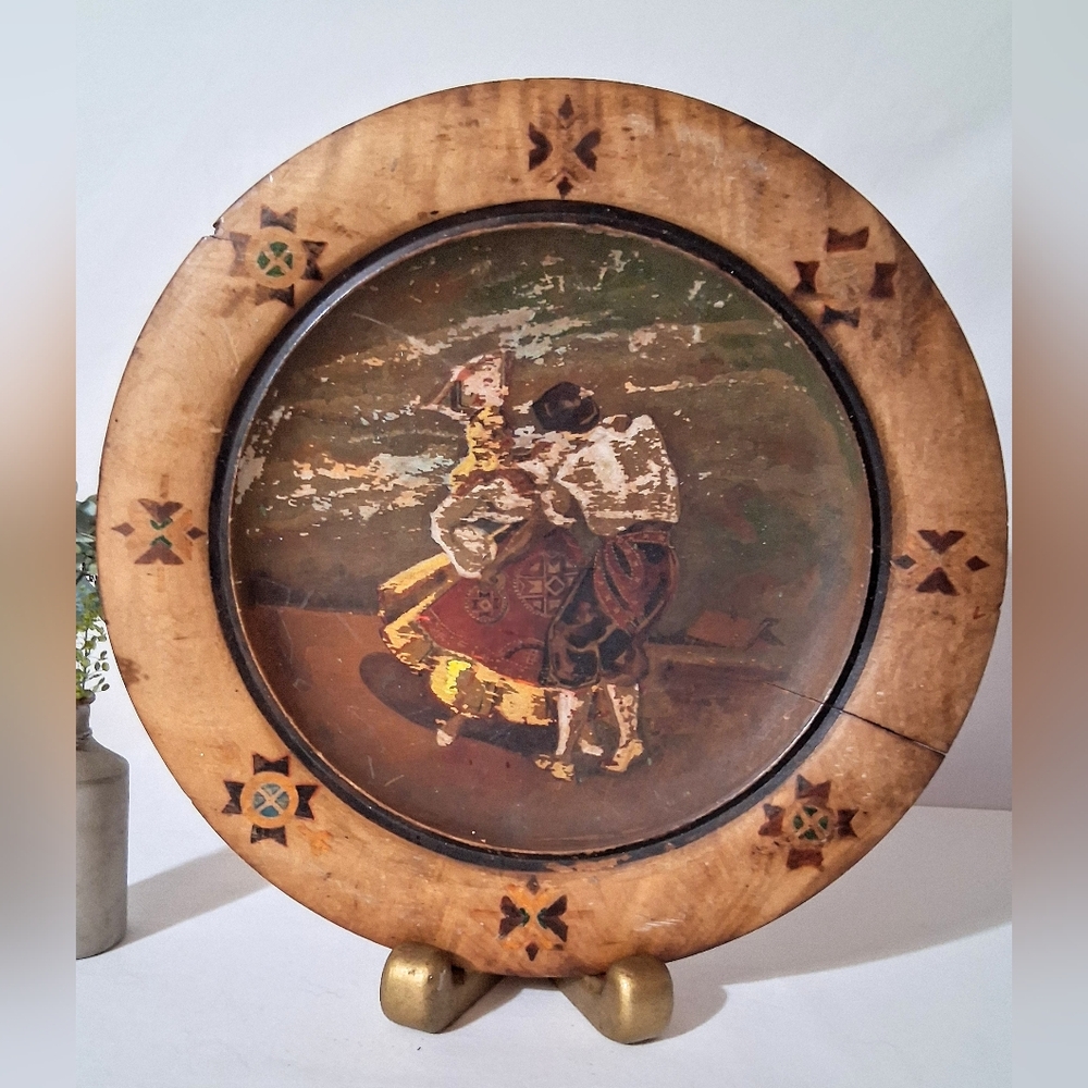 Antique (1900-1920) Folk Art - Carved Wooden Plate - Artist Signed
